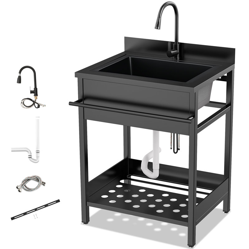 Utility Sink, 304 Stainless Steel Free Standing Sink With Cold And Hot Water Pull-out Faucet, Heavy Duty Laundry Sinks For Workshop, Laundry Room, Garage, Greenhouse, Pet Care