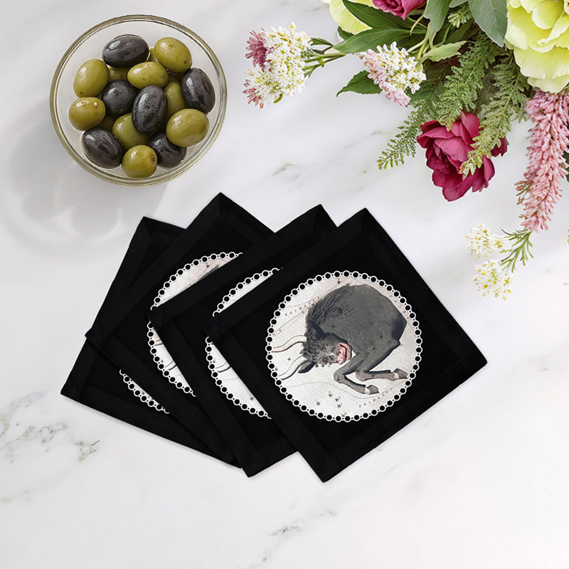 Zodiac Taurus Cotton Sateen Cocktail Napkins, Black