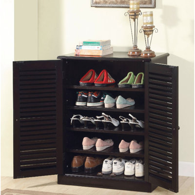 Armoire à chaussures avec 5 tablettes et portes design, réglable pour le rangement organisé, bois massif +, profondeur 30 po, largeur 15 po, hauteur 34,5 po avec teinte, portes à persiennes, construction, hauteur