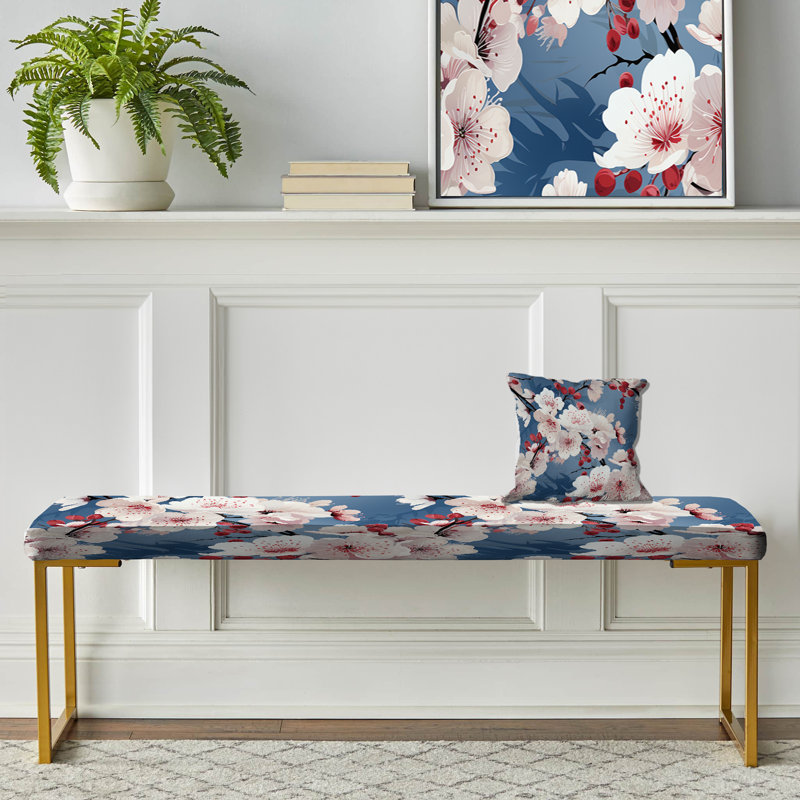 Motif floral rose et bleu cerisier en fleurs - Banc floral rembourré doré
