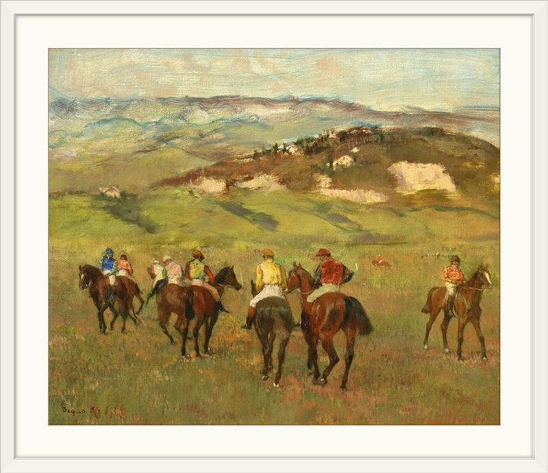 «Jockeys on Horseback Avant Distant Hills, 1884» par Edgar Degas, reproduction d'art, H 40 po x l 48 po x P 1,5 po, Toile