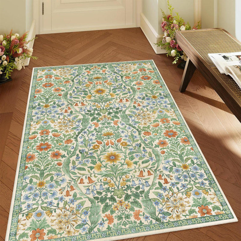 Washable Area Rug - Vintage Boho Botanical Low-Pile Rug, Rectangle 3' x 5', Grass Green