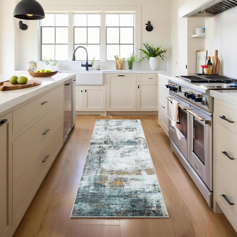 2x6 Washable Runner Rug Modern Abstract Non-Slip Stain-Resistant Indoor Carpet Hallway Low Pile Bedroom Laundry Entrance Blue