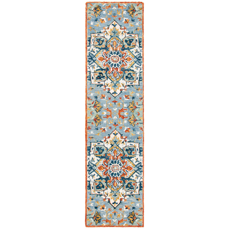 Tapis bleu / rouille en laine / coton touffeté à la main Vahakn, Tapis de couloir 2 pi 3 po x 19 pi