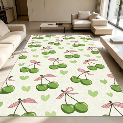 Tapis 1 pièce en cerisier vert et rose avec motif de cœur rose pour le salon, doux et confortable, adapté à toutes les saisons, facile à entretenir, lavable à la machine, tapis de dessous de table convenant à la cuisine, à la table de salle à manger, à la chambre à coucher, au vestibule,