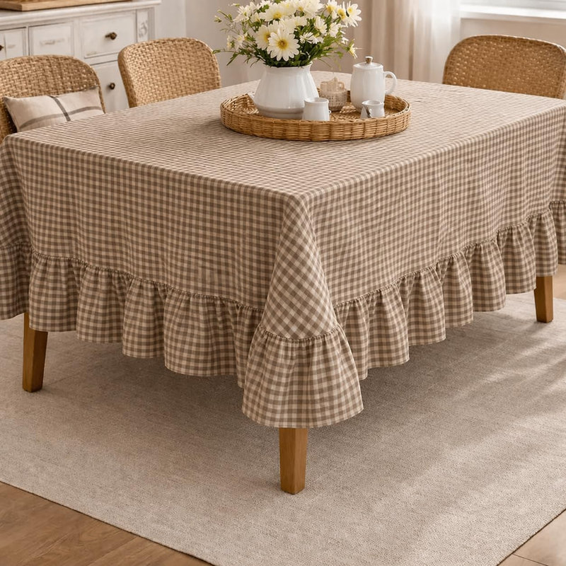 Farmhouse Beige Gingham Ruffled Tablecloth, Cottage Plaid Dining Table Cover With Ruffle Edge 56" X 72", Beige, 56" L x 40" W