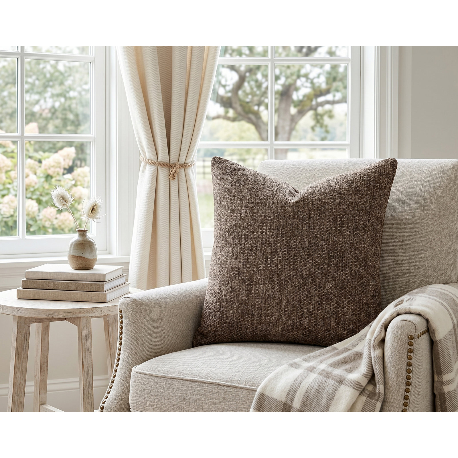 Serenity Throw Pillow, Feather, Espresso, 22" x 22"