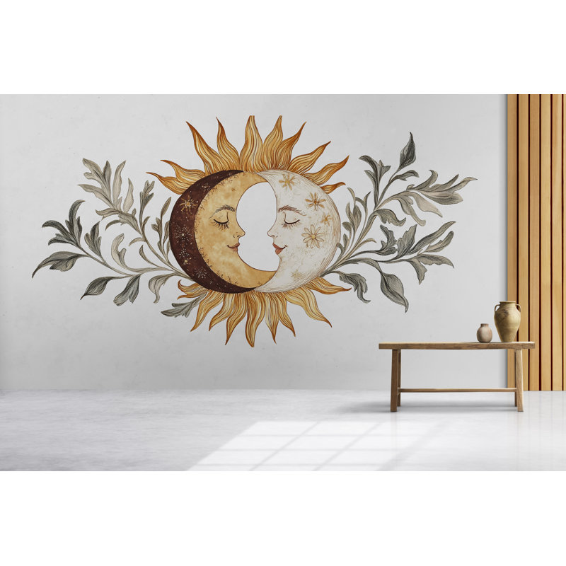 Adhésif décoratif soleil et lune Boho - Décalcomanie céleste au-dessus de la chambre à coucher pour lit 066Mv