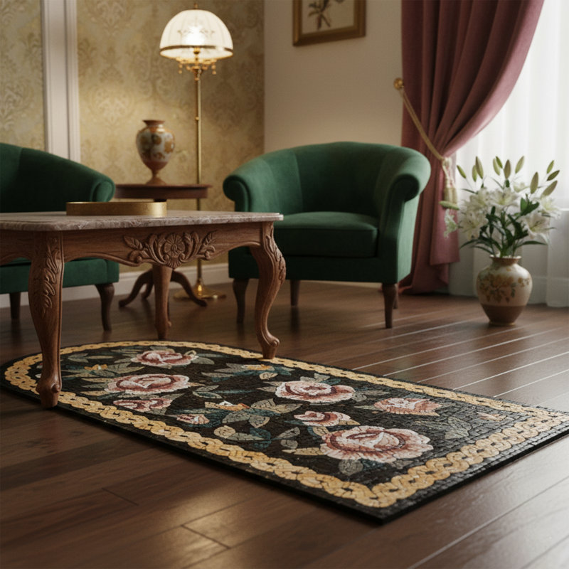 Tapis de couloir noir en mosaïque rose