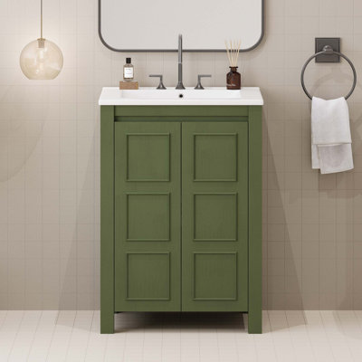 Petit meuble-lavabo de style vintage 24 po avec lavabo en céramique, 2 portes à fermeture douce, tablette réglable