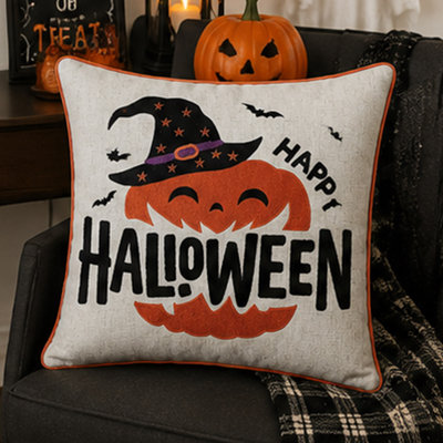 Happy Halloween Throw Pillow Set of 2 with Embroidered Pumpkin and Witch Hat
