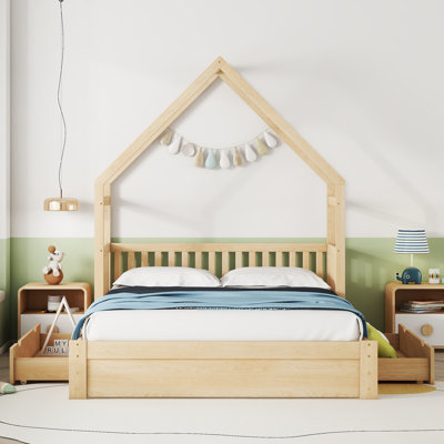 House Platform Bed with Guardrail and Drawers