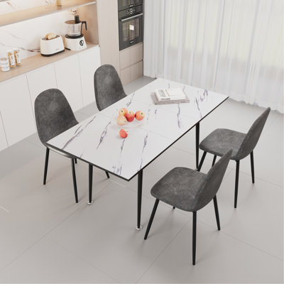 Collection de table et chaises de salle à manger moderne, extensible de 47 à 63 po, table blanche, chaises grises, structure en métal, détente extensible, base 2 à 6 places, suède, pratique et élégante