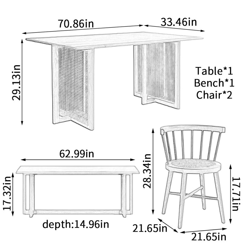 Durable Rectangular Red Oak Rattan Dining Table, 29.13" H x 70.86" L x 33.46" W