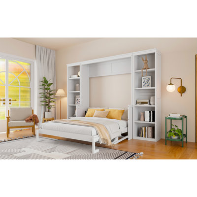 White Queen Size Bed With Desk & Bookshelf - Construction Pine And . Space Saving In Bedroom Area. No Spring Box Required. Abundant Storage. Foldable Book Shelf For Quality, Fervent