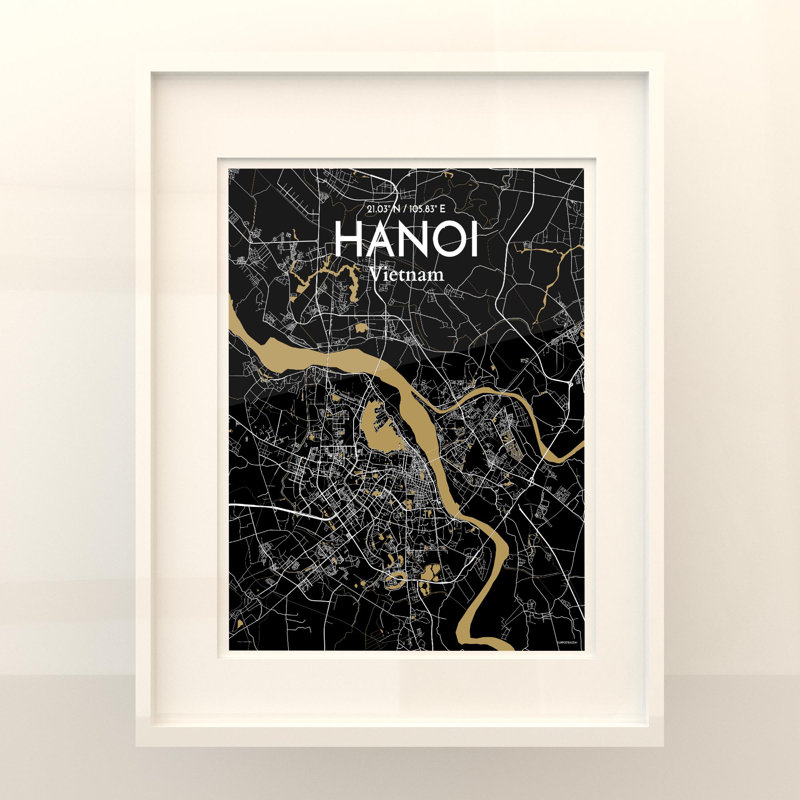 Hanoi, carte de la ville, impression, Noir et or, H 20 po x l 16 po