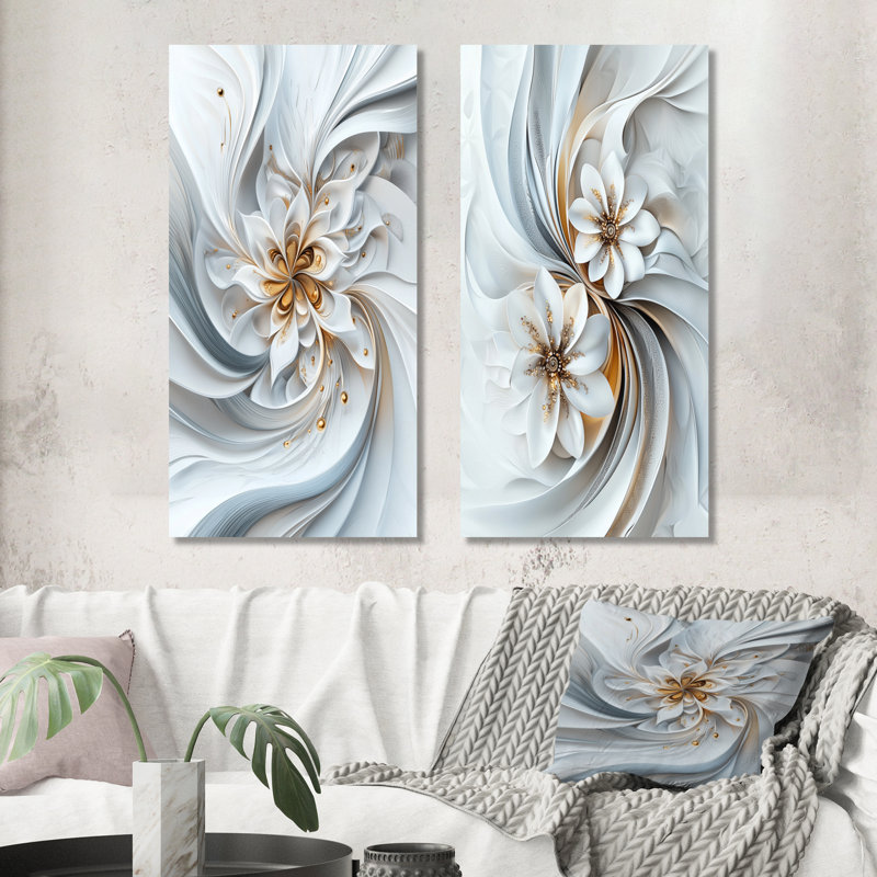 Gris et blanc, impression d'art sur bois I, ensemble de 2 pièces d'art abstrait fractal, H 28 po x l 24 po, Ne s’applique pas