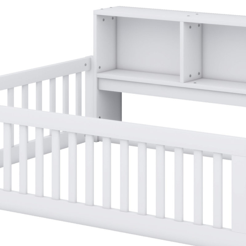 Lit au sol avec armoires de rangement et ports USB, blanc
