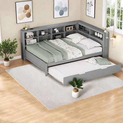 Lit de jour double en bois avec lit gigogne simple, lit de jour avec tablette de rangement et ports de chargement USB
