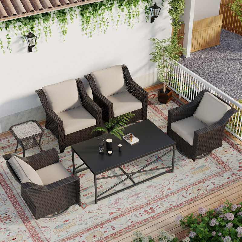 5-Piece Patio Rattan Wicker Rocker Conversation Set, Outdoor Furniture with Thick Cushions, 2 Rocker Chairs, 2 Stationary Chairs, Coffee Table & Side Table, Weather Resistant for Backyard, Porch & Poolside