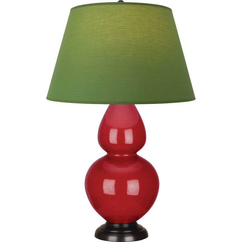 Lampe de table double gourde en céramique, Thé vert / taupe, Rouge rubis émaillé / bronze, Bronze