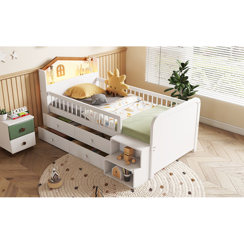 Luminest Twin Size Loft Bed With House Shape Headboard And LED Lights, White