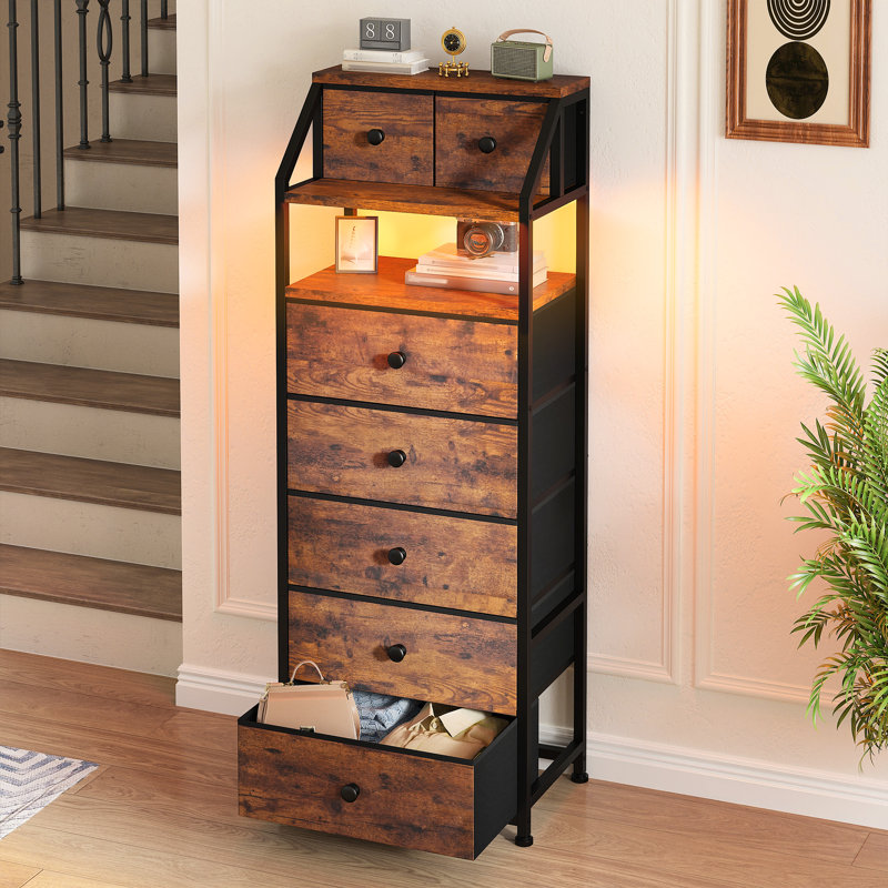 Tall 7-drawer Storage Cabinet With Rgb Led Lighting, Modern Organizer With Open Shelf For Bedroom Living Room, Brown