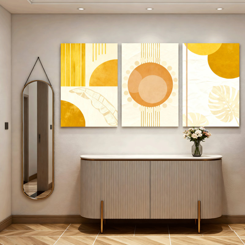 Abstrait art géométrique sur toile jaune, motif minimaliste moderne (ensemble de 3), H 18 po x l 36 po