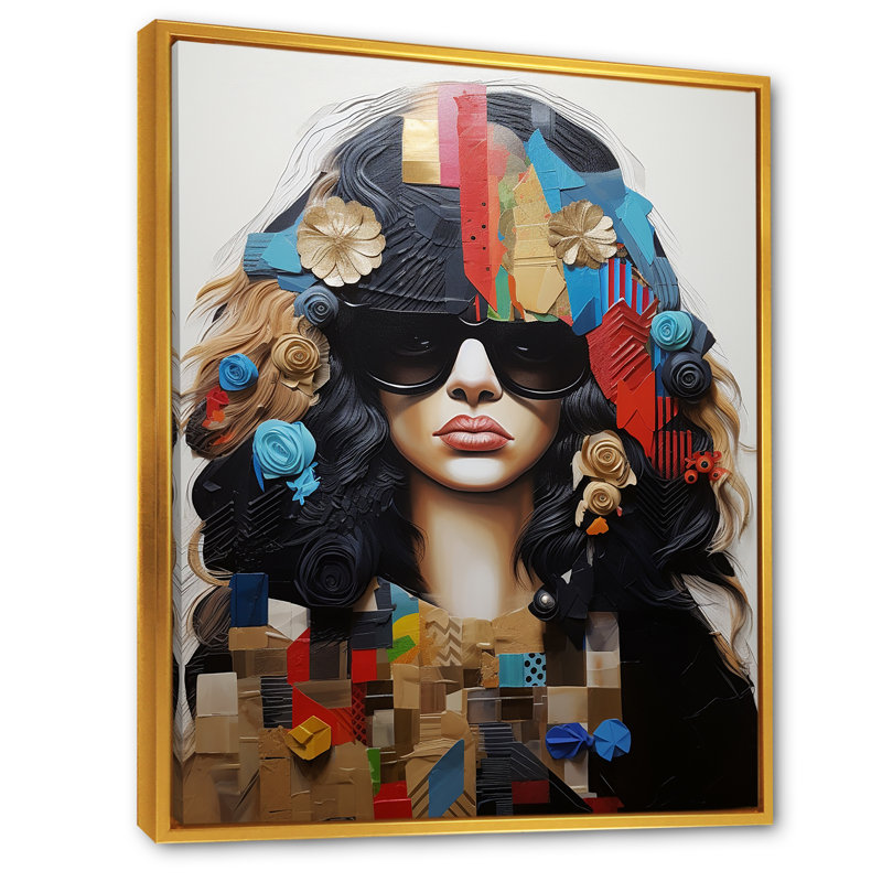 «Woman Portrait Fusion Forms Collage», art mural abstrait, Cadre flottant doré, H 20 po x l 12 po