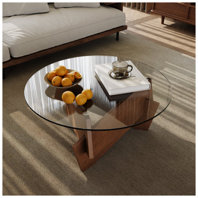 35.4" Round Mid-Century Modern Coffee Table with Glass Top and Walnut Veneer Base