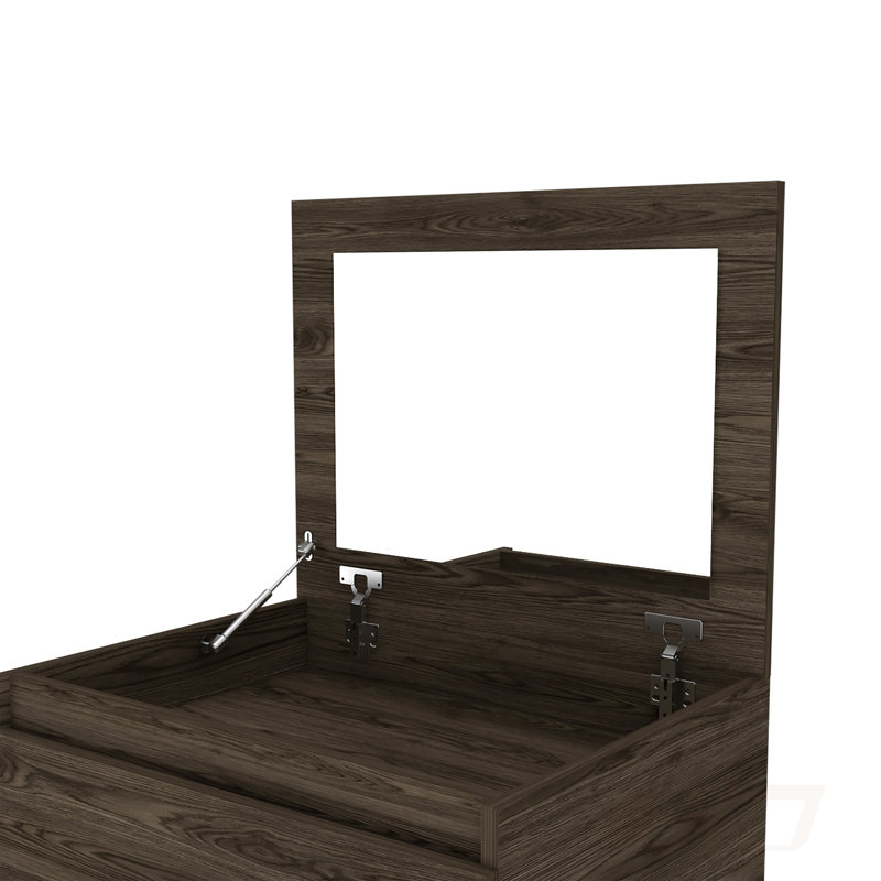 Commode en noyer foncé avec boîte à bijoux, miroir et rangement, parfaite pour les chambres à coucher organisées et élégantes