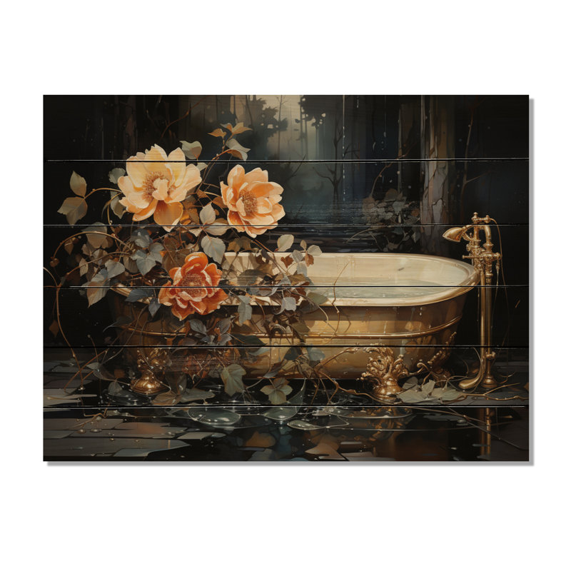 Baignoire en V doré sur bois, H 24 po x l 32 po x P 0,78 po