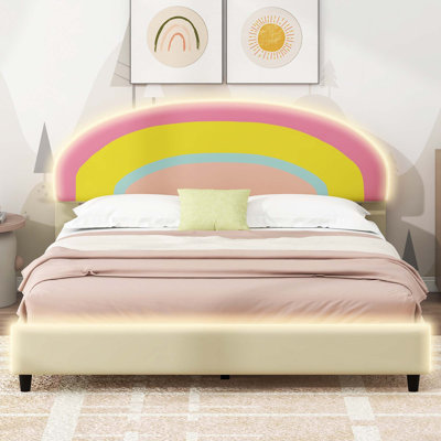 Upholstered Platform Bed with Rainbow Shaped and Height-adjustbale Headboard,LED Light Strips
