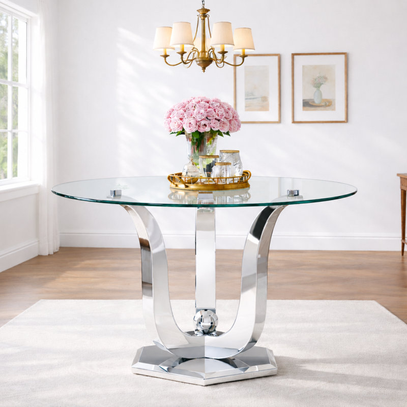 Table de salle à manger ronde en verre 47,2 ", table de cuisine moderne transparente, plateau de table en verre trempé épais de 0,31" avec acier inoxydable brillant, pour la salle à manger et la cuisine et les petits espaces