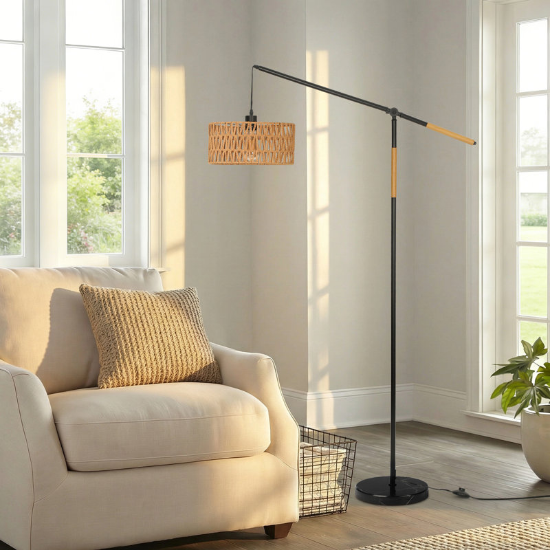 Aarzo 68" Bohemian Rattan Arched/Arc Floor Lamp with Foot Switch and Adjustable Arm, Black