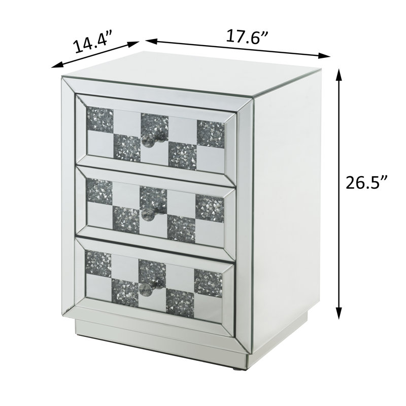 Luxurious Mirrored Glass and Faux Diamond 3-Drawer End Table