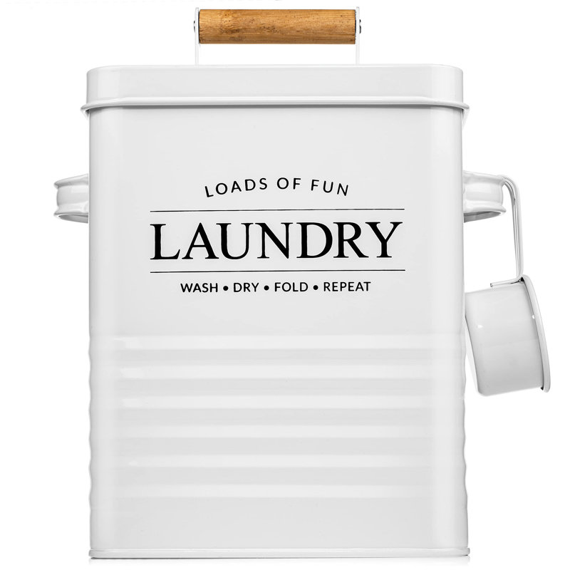 Modern Farmhouse Metal Laundry Soap Dispenser Container Holder With Scoop, White
