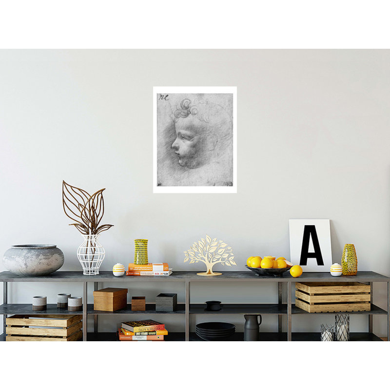Tête d'enfant (crayon sur papier) (photo noir et blanc) par Leonardo Da Vinci - Estampe numérique, H 28 po x l 22 po