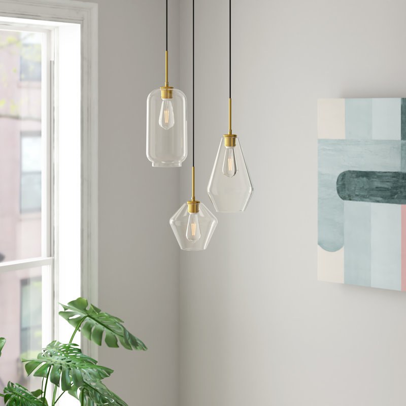 Luminaire suspendu géométrique à 3 lumières Vandyke, Laiton, Transparent