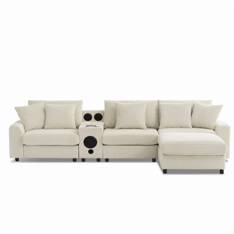 114*64'' Corduroy Sectional Sofa with Bluetooth Speakers,L Shaped Couch with Console,USB Charger,Cup Holders,Storage,Ottoman,Deep and Wide Seat Cloud Sofa for Living Room,Apartment,2 Colors