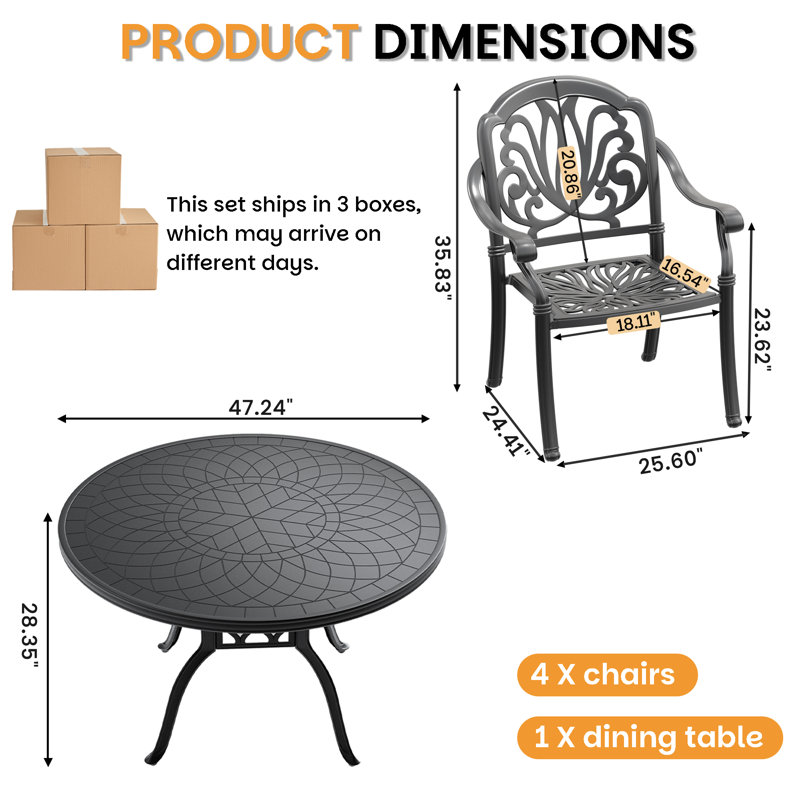 5-Piece Round Patio Dining Furniture, Amaurys Table and 4 Seats with Soft Brown Cushion, Backyard Balcony Courtyard Use, 4