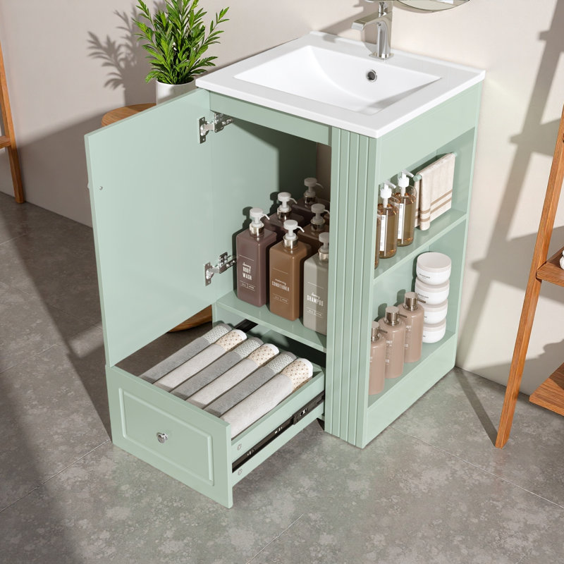 Meuble-lavabo autoportant avec lavabo en céramique, armoire de rangement, tiroir, tablettes latérales ouvertes et barre à serviettes