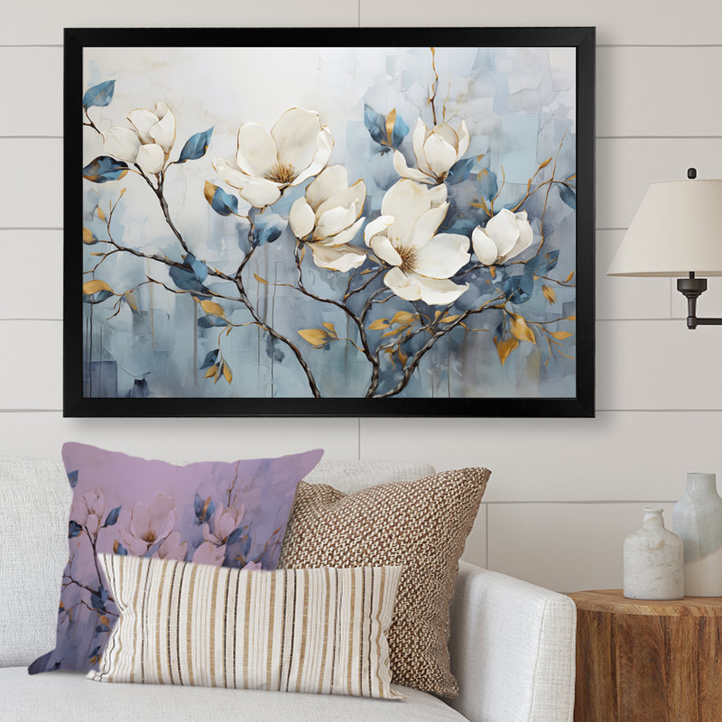 Elegant Magnolias Tranquility - art mural de salon Magnolias, H 16 po x l 32 po, Cadre photo unique, Noir
