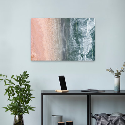 Zwart - Photographie de paysage côtier rose et bleu, coquillages côtiers et corail, photographie aérienne, art abstrait, art naturel, contemporain