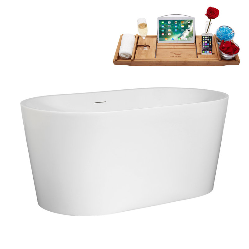 51" Streamline Soaking Freestanding Tub and Tray With Internal Drain, Matte Black