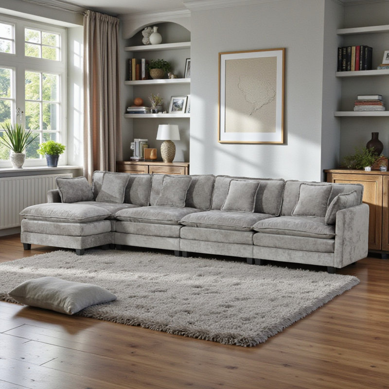Geneveve 150"W Chenille Upholstered Sofa With Ottoman, 6 Compressed Pillows & Compressed Foam Cushions, Gray