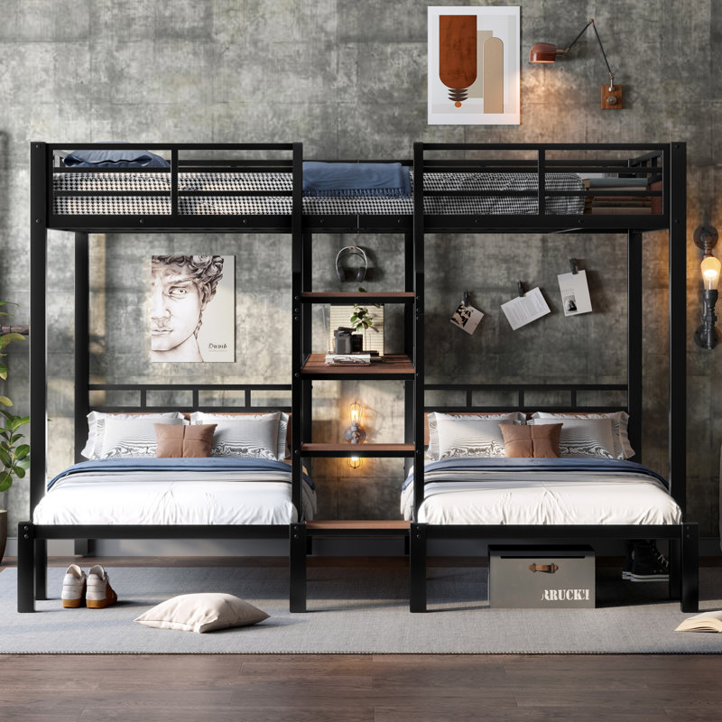 Queen Over Twin & Twin Metal Bunk Bed with Storage Shelves and Stairs, Queen Over Twin Over Twin 