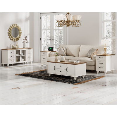 Ensemble de table de salon 4 pièces Scarlett - Comprend une table basse moderne avec tiroir, un meuble télé à porte en verre pour téléviseur de 65 pouces, un ensemble de 2 tables de bout avec station de charge et armoire, blanc cassé