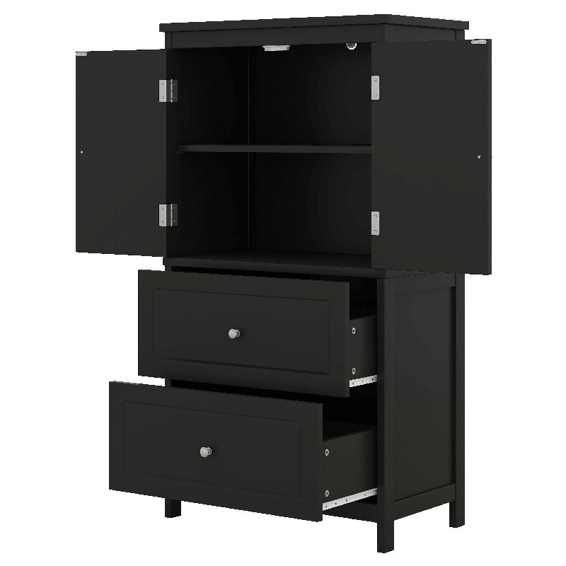 Wide Bathroom Storage Cabinet, Freestanding Bathroom Storage With Two Doors And Drawers, Adjustable Shelf, Black