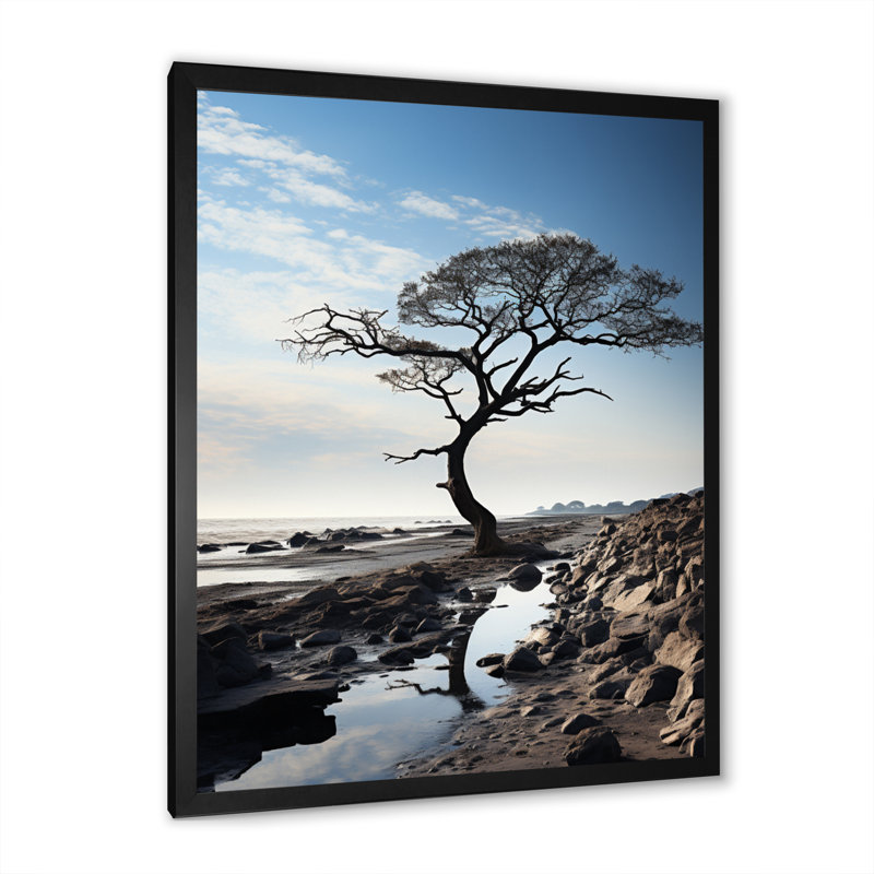 Arbre en bord de plage Harmony II - art mural floral salon, H 40 po x l 30 po x P 1,5 po, Cadre photo noir